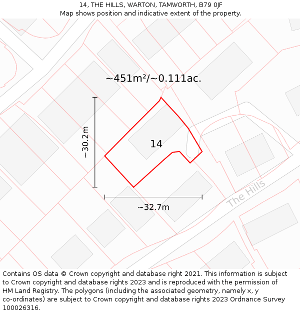 14, THE HILLS, WARTON, TAMWORTH, B79 0JF: Plot and title map