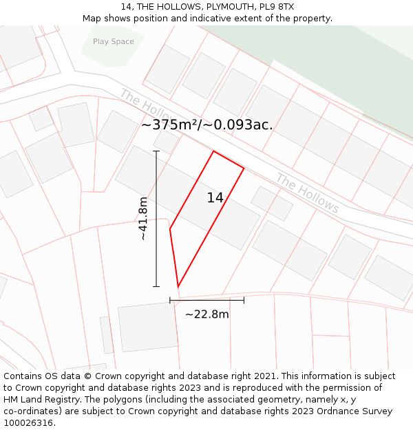 14, THE HOLLOWS, PLYMOUTH, PL9 8TX: Plot and title map