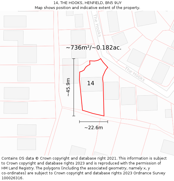 14, THE HOOKS, HENFIELD, BN5 9UY: Plot and title map