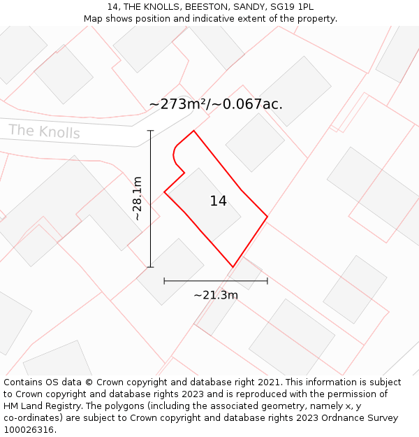 14, THE KNOLLS, BEESTON, SANDY, SG19 1PL: Plot and title map