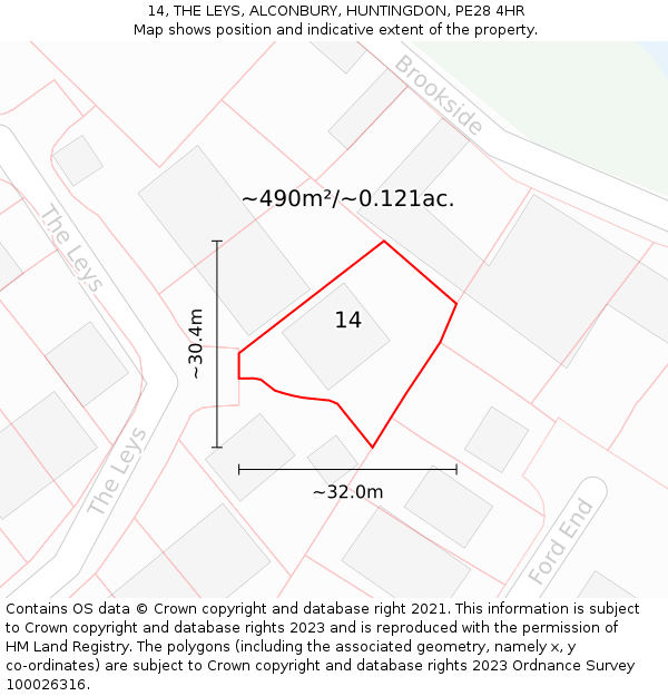 14, THE LEYS, ALCONBURY, HUNTINGDON, PE28 4HR: Plot and title map