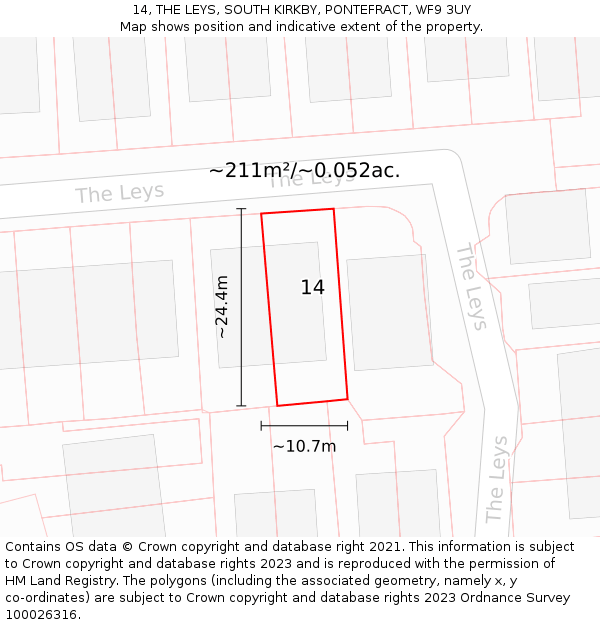 14, THE LEYS, SOUTH KIRKBY, PONTEFRACT, WF9 3UY: Plot and title map