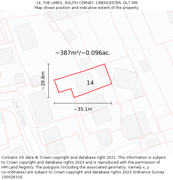 14, THE LIMES, SOUTH CERNEY, CIRENCESTER, GL7 5RF: Plot and title map