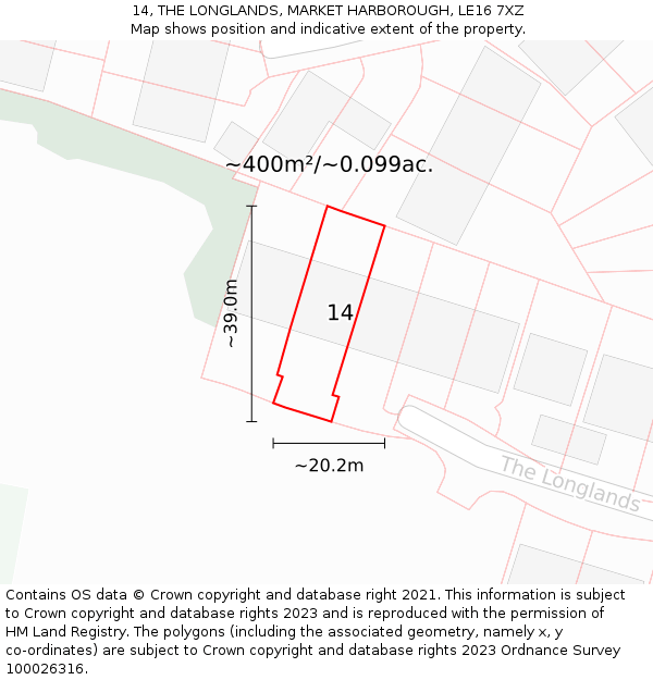 14, THE LONGLANDS, MARKET HARBOROUGH, LE16 7XZ: Plot and title map