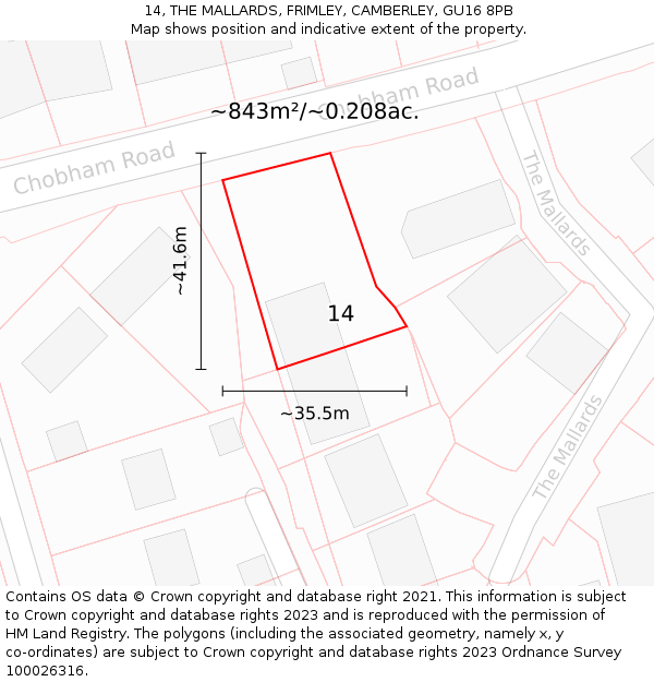 14, THE MALLARDS, FRIMLEY, CAMBERLEY, GU16 8PB: Plot and title map