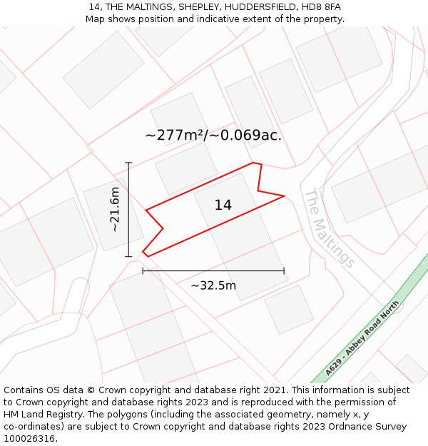 14, THE MALTINGS, SHEPLEY, HUDDERSFIELD, HD8 8FA: Plot and title map