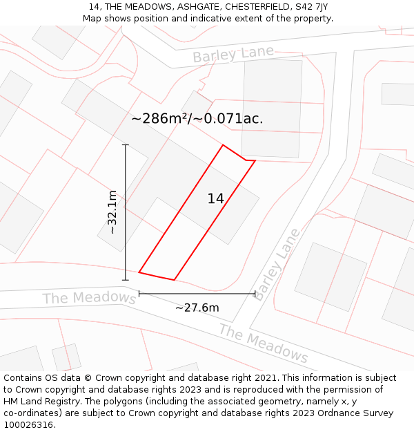 14, THE MEADOWS, ASHGATE, CHESTERFIELD, S42 7JY: Plot and title map