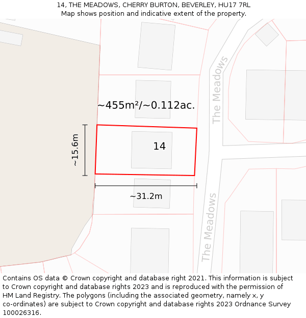 14, THE MEADOWS, CHERRY BURTON, BEVERLEY, HU17 7RL: Plot and title map