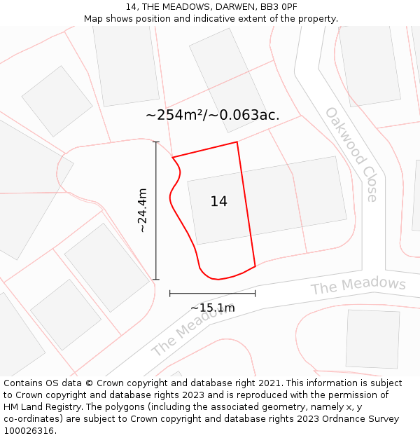 14, THE MEADOWS, DARWEN, BB3 0PF: Plot and title map