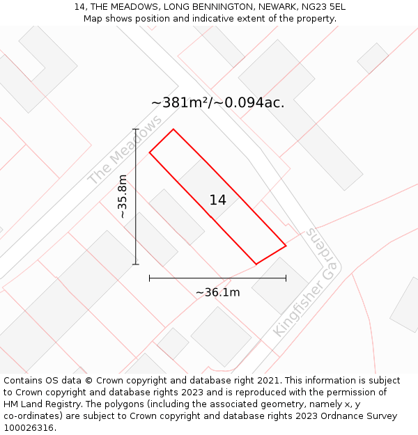 14, THE MEADOWS, LONG BENNINGTON, NEWARK, NG23 5EL: Plot and title map