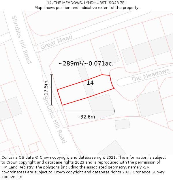 14, THE MEADOWS, LYNDHURST, SO43 7EL: Plot and title map