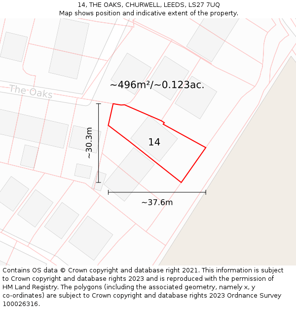 14, THE OAKS, CHURWELL, LEEDS, LS27 7UQ: Plot and title map