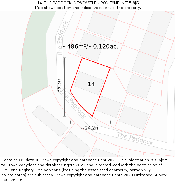 14, THE PADDOCK, NEWCASTLE UPON TYNE, NE15 8JG: Plot and title map