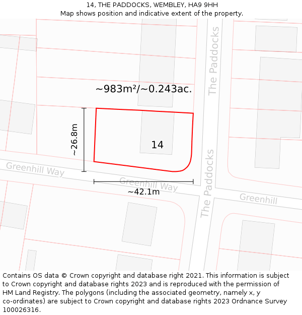 14, THE PADDOCKS, WEMBLEY, HA9 9HH: Plot and title map