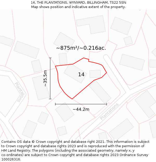 14, THE PLANTATIONS, WYNYARD, BILLINGHAM, TS22 5SN: Plot and title map