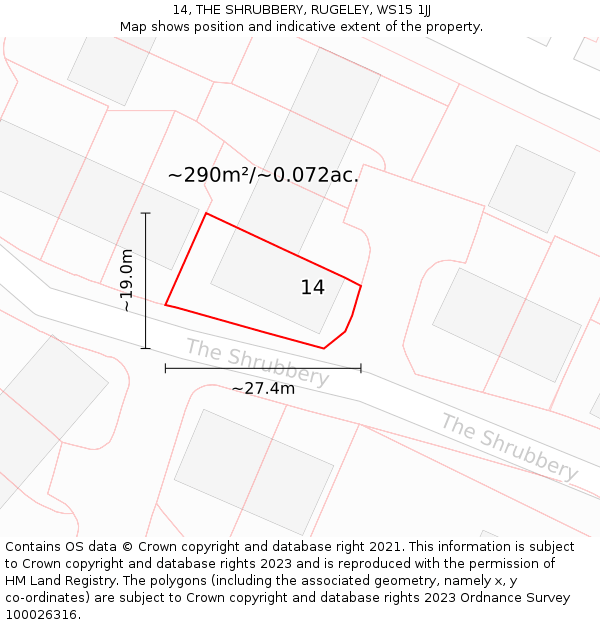 14, THE SHRUBBERY, RUGELEY, WS15 1JJ: Plot and title map