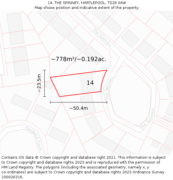 14, THE SPINNEY, HARTLEPOOL, TS26 0AW: Plot and title map