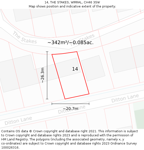 14, THE STAKES, WIRRAL, CH46 3SW: Plot and title map