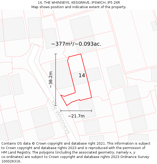 14, THE WHINNEYS, KESGRAVE, IPSWICH, IP5 2XR: Plot and title map