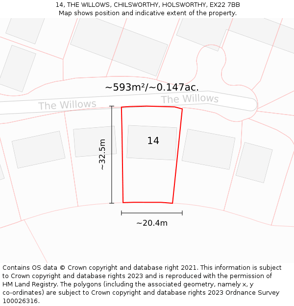 14, THE WILLOWS, CHILSWORTHY, HOLSWORTHY, EX22 7BB: Plot and title map