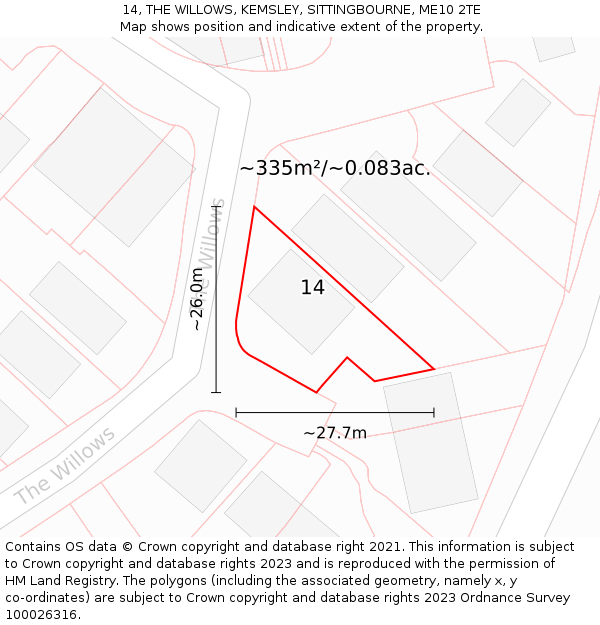 14, THE WILLOWS, KEMSLEY, SITTINGBOURNE, ME10 2TE: Plot and title map