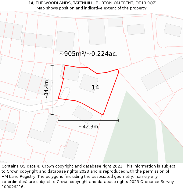 14, THE WOODLANDS, TATENHILL, BURTON-ON-TRENT, DE13 9QZ: Plot and title map