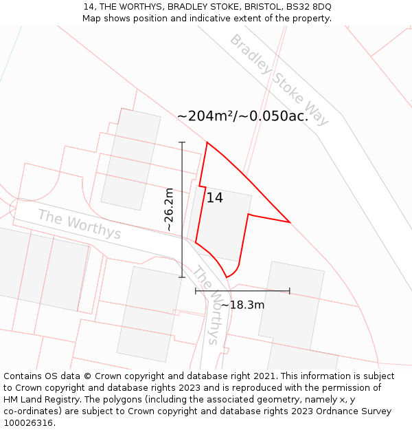 14, THE WORTHYS, BRADLEY STOKE, BRISTOL, BS32 8DQ: Plot and title map