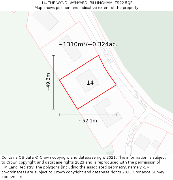 14, THE WYND, WYNYARD, BILLINGHAM, TS22 5QE: Plot and title map