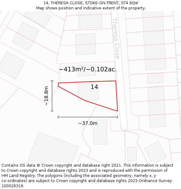 14, THERESA CLOSE, STOKE-ON-TRENT, ST4 8QW: Plot and title map