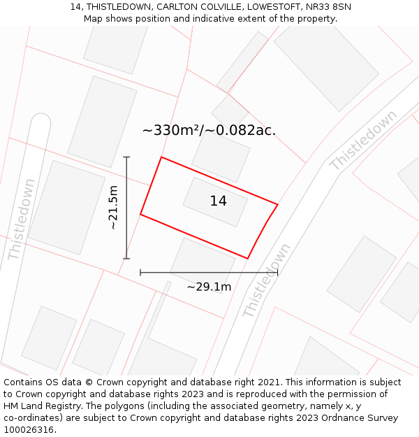 14, THISTLEDOWN, CARLTON COLVILLE, LOWESTOFT, NR33 8SN: Plot and title map