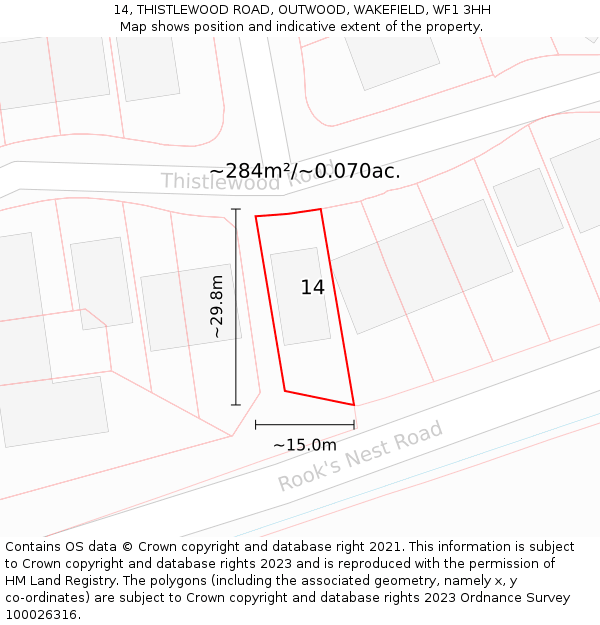 14, THISTLEWOOD ROAD, OUTWOOD, WAKEFIELD, WF1 3HH: Plot and title map
