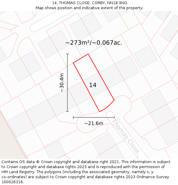 14, THOMAS CLOSE, CORBY, NN18 9NG: Plot and title map
