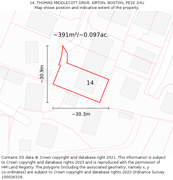 14, THOMAS MIDDLECOTT DRIVE, KIRTON, BOSTON, PE20 1HU: Plot and title map