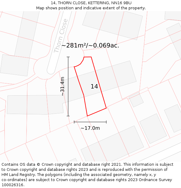 14, THORN CLOSE, KETTERING, NN16 9BU: Plot and title map