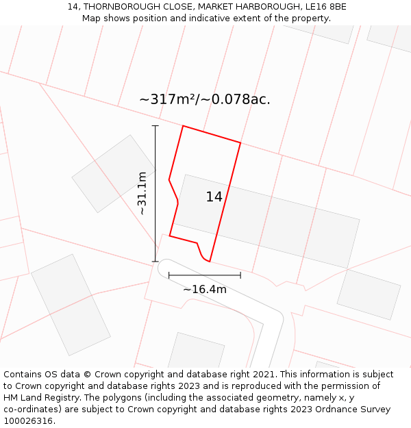 14, THORNBOROUGH CLOSE, MARKET HARBOROUGH, LE16 8BE: Plot and title map