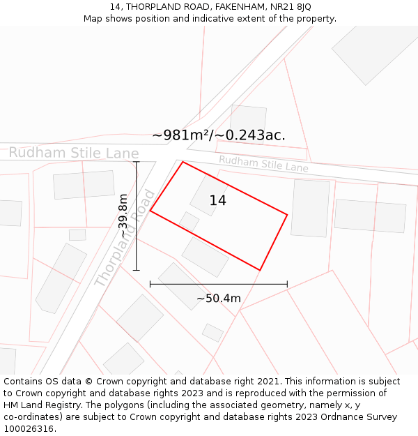 14, THORPLAND ROAD, FAKENHAM, NR21 8JQ: Plot and title map