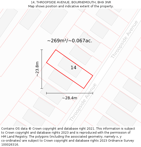 14, THROOPSIDE AVENUE, BOURNEMOUTH, BH9 3NR: Plot and title map