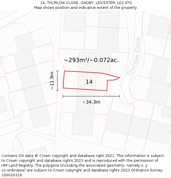 14, THURLOW CLOSE, OADBY, LEICESTER, LE2 4TG: Plot and title map