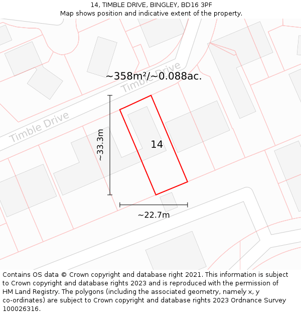 14, TIMBLE DRIVE, BINGLEY, BD16 3PF: Plot and title map