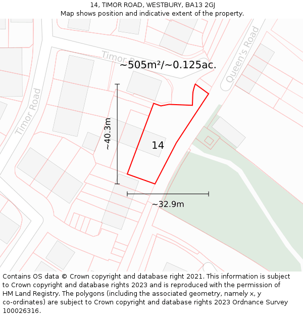 14, TIMOR ROAD, WESTBURY, BA13 2GJ: Plot and title map