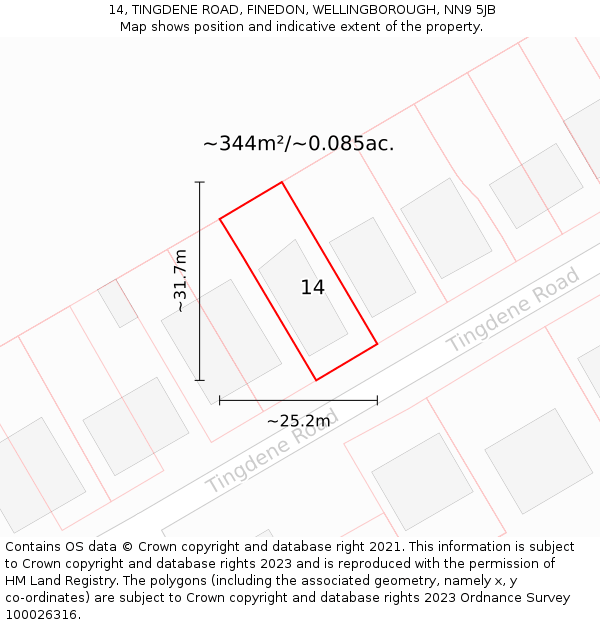 14, TINGDENE ROAD, FINEDON, WELLINGBOROUGH, NN9 5JB: Plot and title map