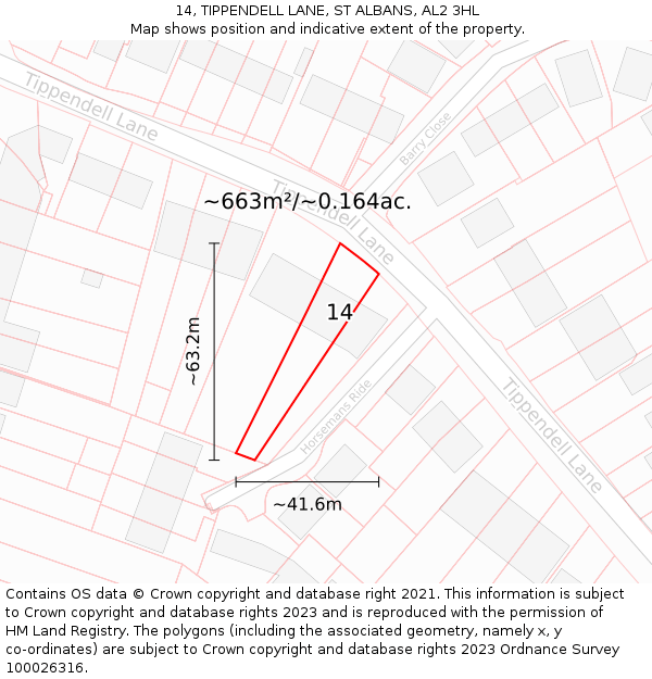 14, TIPPENDELL LANE, ST ALBANS, AL2 3HL: Plot and title map