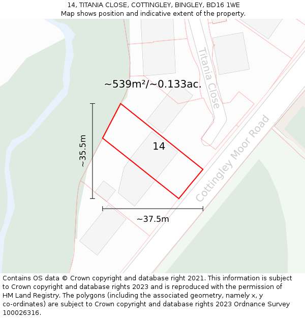 14, TITANIA CLOSE, COTTINGLEY, BINGLEY, BD16 1WE: Plot and title map