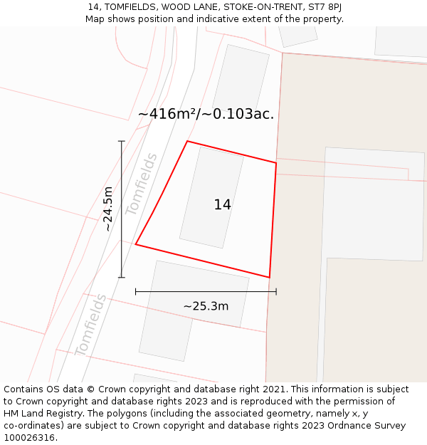 14, TOMFIELDS, WOOD LANE, STOKE-ON-TRENT, ST7 8PJ: Plot and title map