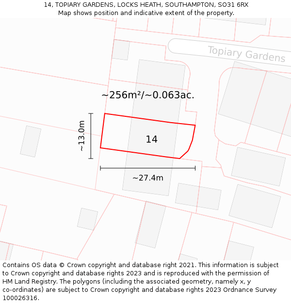 14, TOPIARY GARDENS, LOCKS HEATH, SOUTHAMPTON, SO31 6RX: Plot and title map