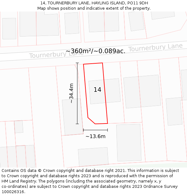 14, TOURNERBURY LANE, HAYLING ISLAND, PO11 9DH: Plot and title map