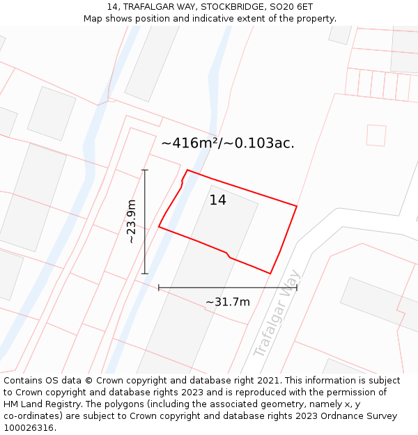 14, TRAFALGAR WAY, STOCKBRIDGE, SO20 6ET: Plot and title map