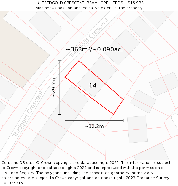 14, TREDGOLD CRESCENT, BRAMHOPE, LEEDS, LS16 9BR: Plot and title map