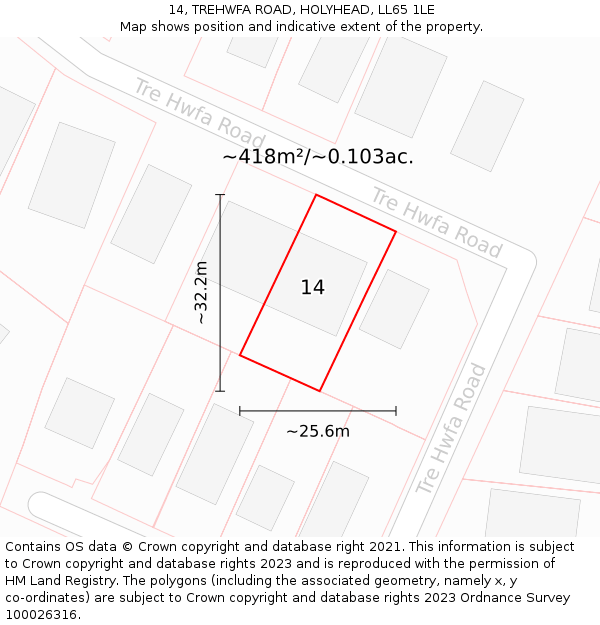 14, TREHWFA ROAD, HOLYHEAD, LL65 1LE: Plot and title map