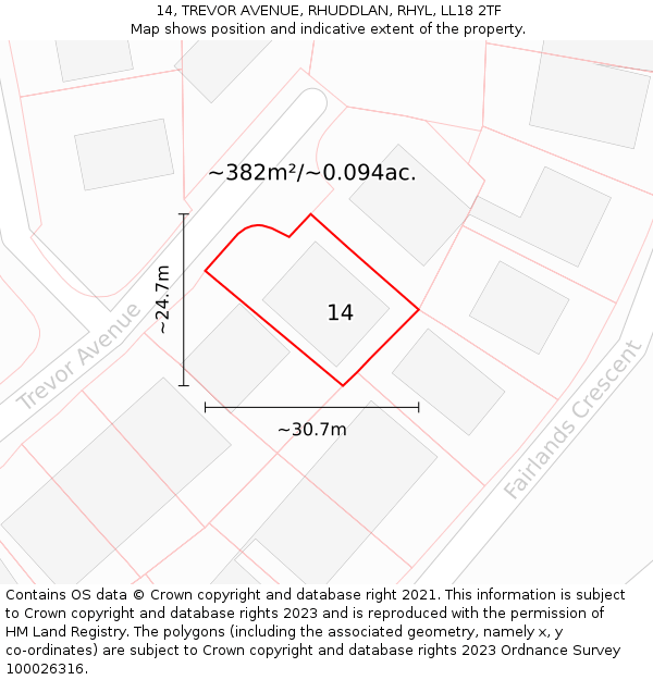 14, TREVOR AVENUE, RHUDDLAN, RHYL, LL18 2TF: Plot and title map